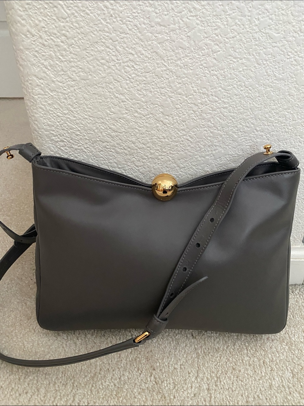 Furla Gray Leather Shoulder Bag with Gold Ball Accent